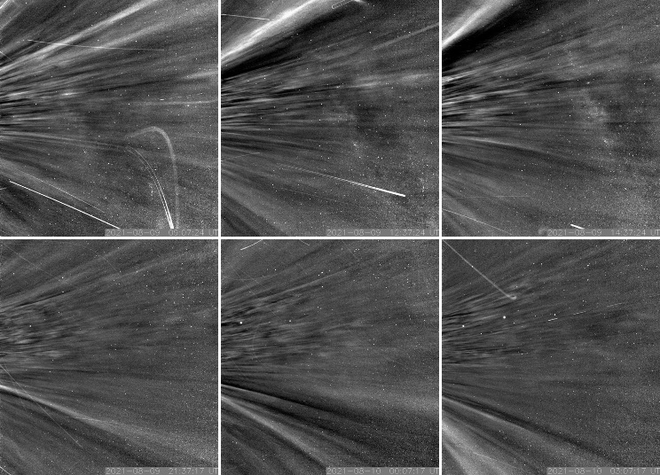 Durante uma das passagens pela coroa, a Parker encontrou "fluxos coronais", estruturas brilhantes nas imagens acima; elas ficam visíveis da Terra durante eclipses solares totais (Imagem: Reprodução/NASA/Johns Hopkins APL/Naval Research Laboratory)