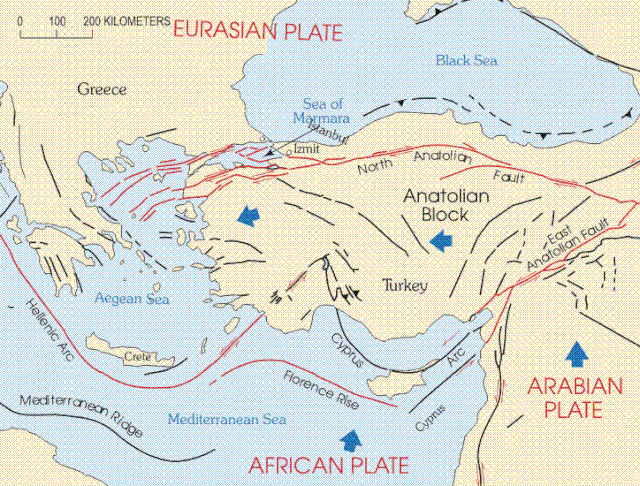 As Falhas de Anatólia, que causaram o terremoto de 2023 na Turquia, são do tipo transcorrente (Imagem: USGS/Wikimedia Commons)