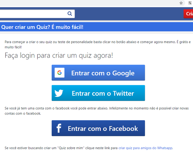 Não é possível usar a conta do Facebook para criar um usuário no Quizur, somente para fazer login em uma já existente (Captura de tela: Ariane Velasco)