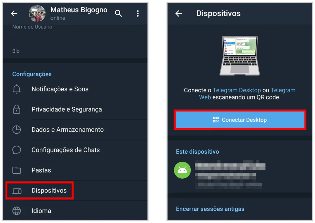 Acesse a aba "Dispositivos" no app do Telegram no celular e toque em "Conectar Desktop" (Captura de tela: Matheus Bigogno)