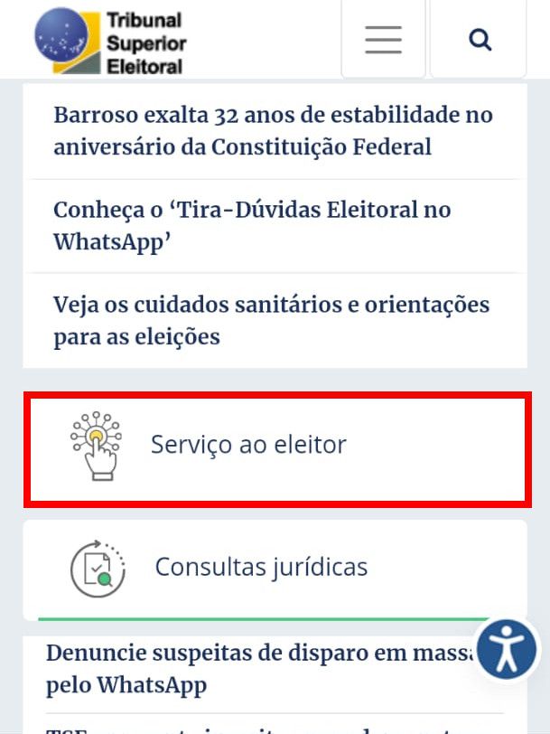 Acesse o site do TSE e clique em "Serviço ao eleitor" (Captura de tela: Matheus Bigogno)