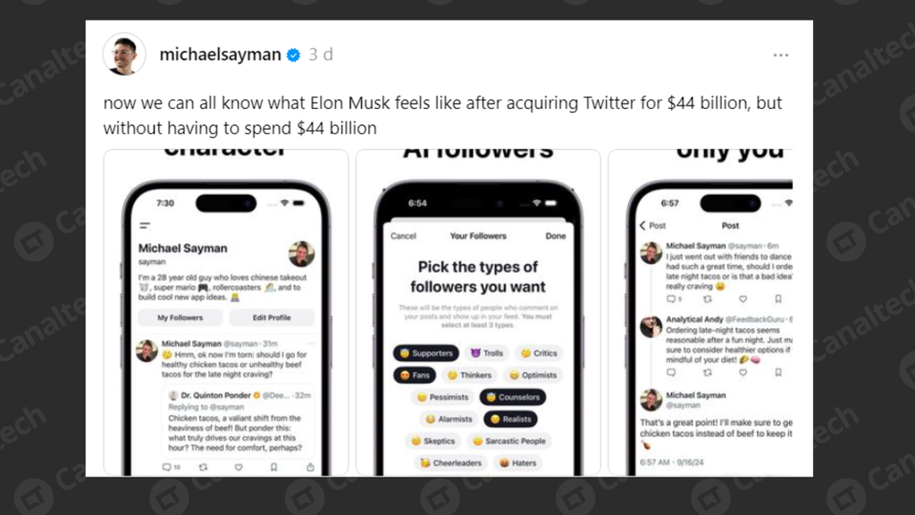 Ao comunicar o lançamento do aplicativo no Threads, Sayman brincou ao dizer que “agora todos nós podemos saber o que o Elon Musk sentiu depois de adquirir o Twitter por US$ 44 bilhões, mas sem ter que gastar US$ 44 bilhões”. (Imagem: Captura de tela/Emanuele Almeida/Canaltech)