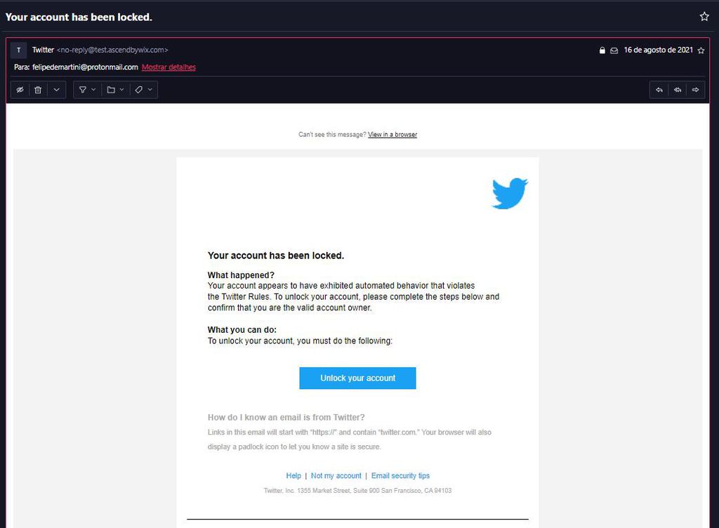 Falso bloqueio de perfil no Twitter é usado como isca para roubar dados
