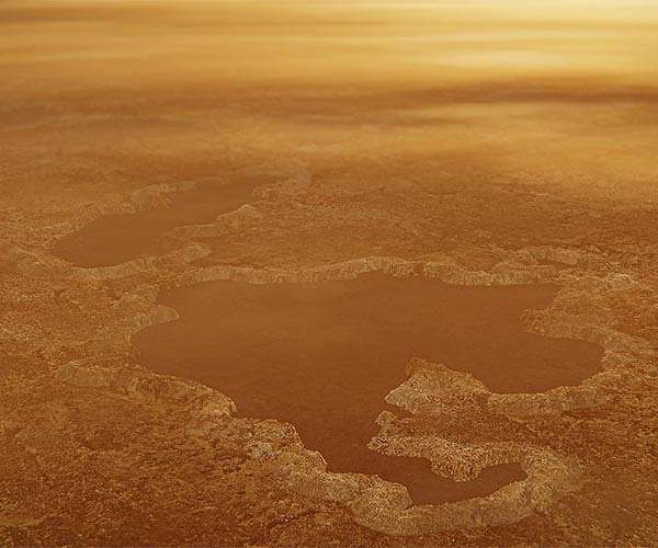 Conceito de um artista que retrata um lago no polo norte de Titã. Aros elevados semelhantes a muralhas não podem ser explicados pela formação dos lagos cársticos.