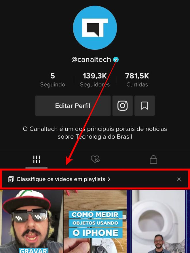 Para criar uma playlist, use sempre o botão dedicado no perfil do TikTok (Captura de tela: Leo Cunha/Canaltech)
