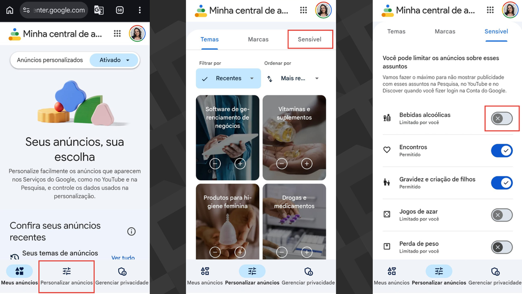 Passos para bloquear anúncios de temas sensíveis no Youtube e Google
