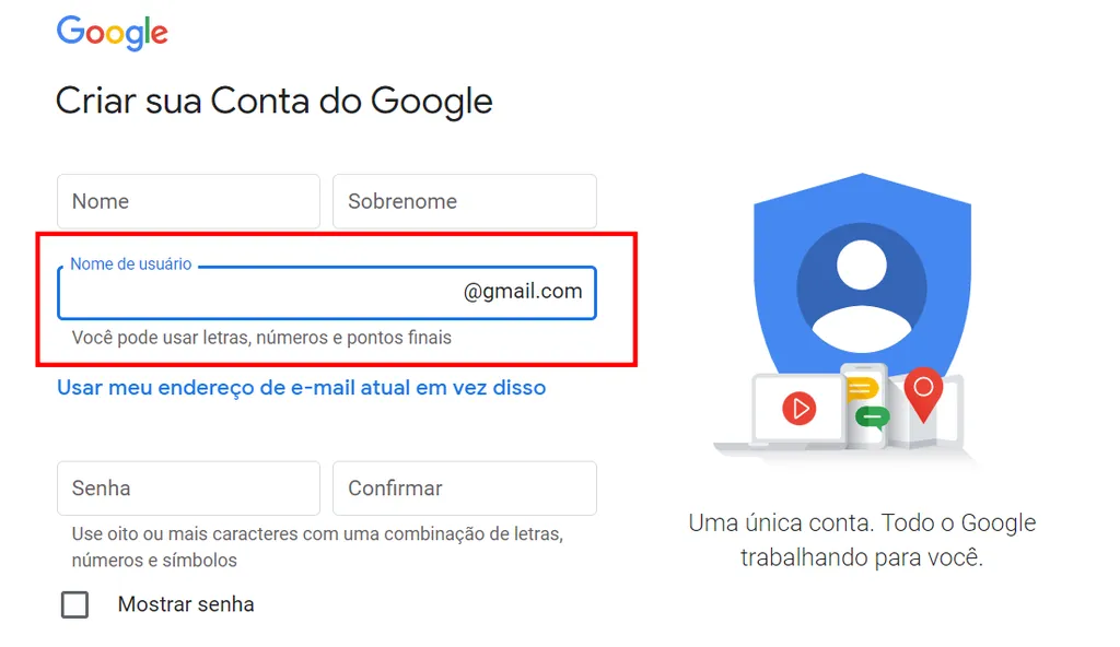 Defina o nome de usuário ao criar uma nova conta do Google (Imagem: Captura de Tela/Guilherme Haas/Canaltech)