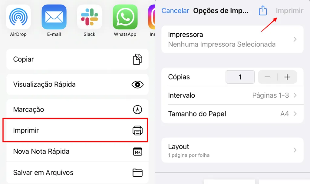 O iPhone possui uma função nativa para enviar documentos para impressão (Imagem: Captura de tela/Fabrício Calixto/Canaltech)