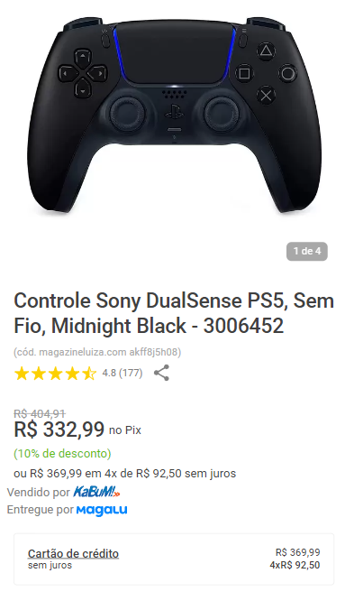 Controle Sony DualSense PS5, Sem Fio, Midnight Black - 3006452