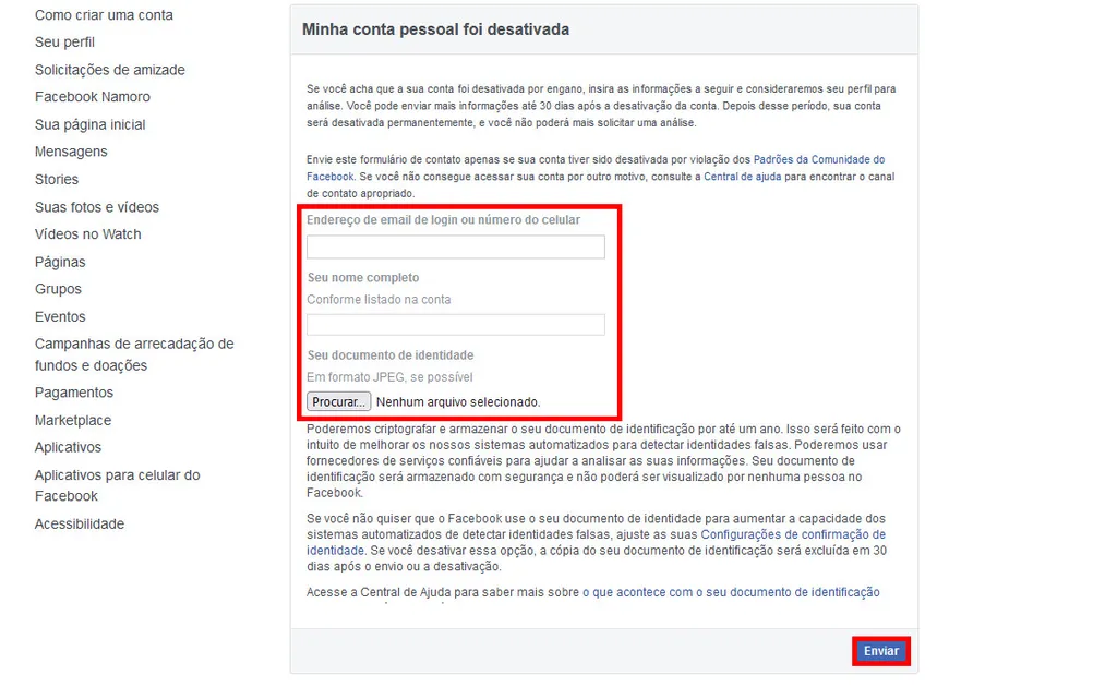Veja como ativar o Facebook novamente caso a sua conta tenha sido desativada pela rede social (Captura de tela: Matheus Bigogno)