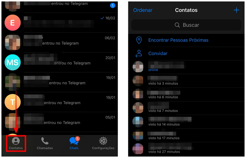 Lista de contatos mostra quais pessoas usam o Telegram (Captura de tela: Caio Carvalho)