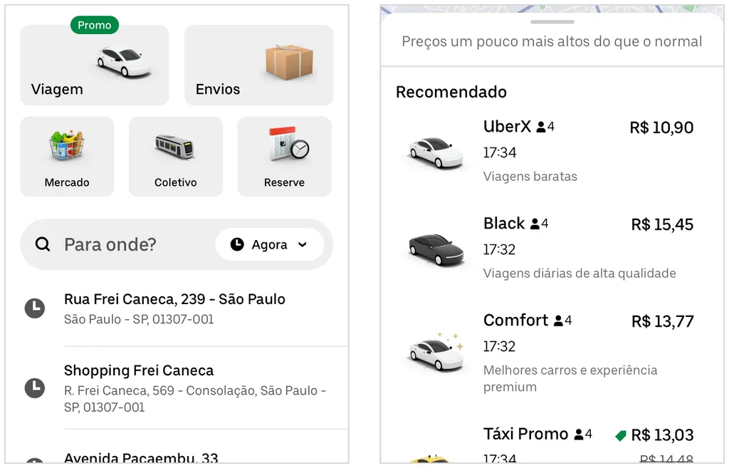 Interface do aplicativo da Uber com opções de corrida (Captura de tela: Caio Carvalho)