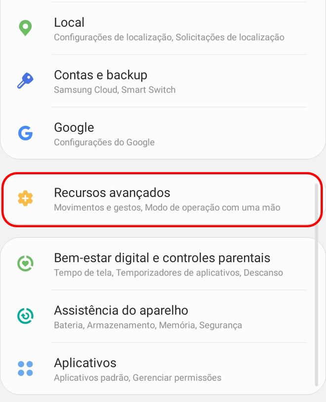 Acesse a categoria "Recursos Avançados" - (Captura: Canaltech/Felipe Freitas)