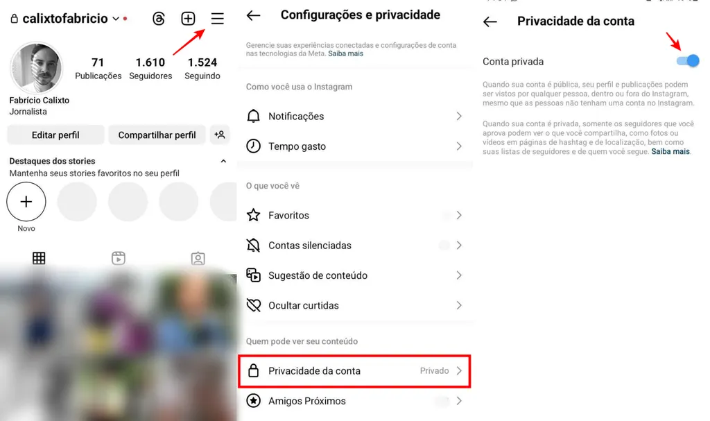 Você pode ocultar seguidores do Instagram usando o modo conta privada (Imagem: Captura de tela/Fabrício Calixto/Canaltech)