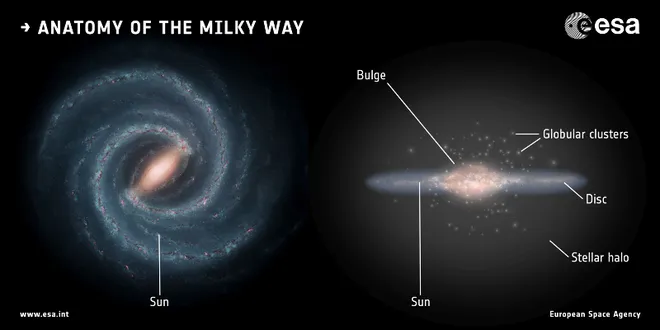 Gráfico com as partes que formam a estrutura da Via Láctea, incluindo o bojo ao centro (Imagem: Reprodução/ESA)