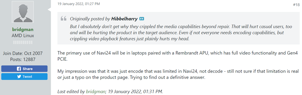 Em resposta a usuários, o engenheiro do AMD ROCm para Linux, John Bridgman, confirmou que a GPU Navi 24 foi idealizada para uso primário em notebooks (Imagem: Reprodução/VideoCardz)