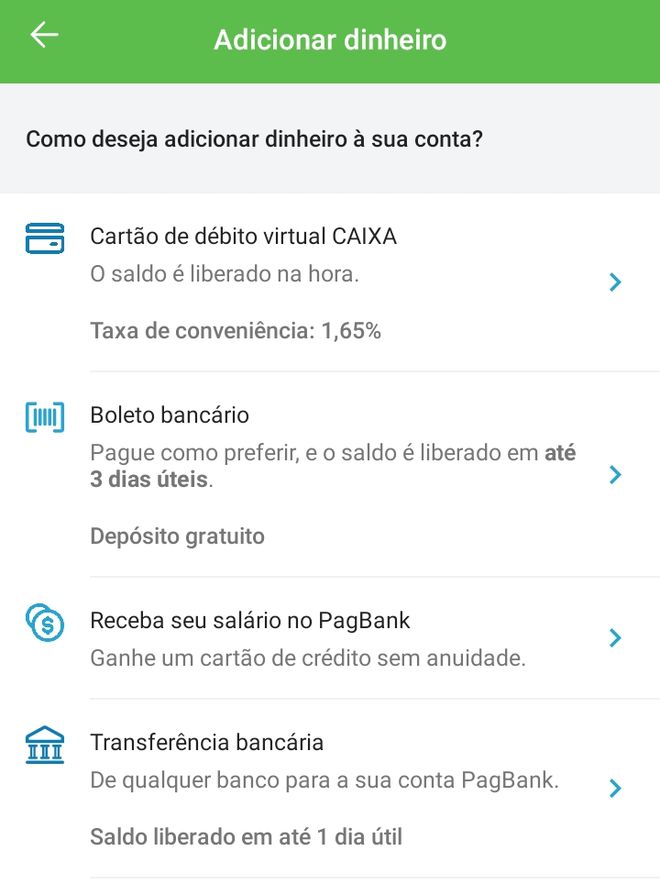 Aqui você poderá adicionar saldo a sua conta do PagBank - (Captura: Canaltech/Felipe Freitas)