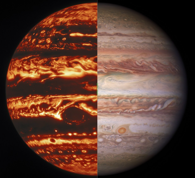 Comparação de Júpiter na luz infravermelha (esquerda) e na luz visível (direita) (Imagem: Reprodução/International Gemini Observatory/ NOIRLab/ NSF/ AURA/ NASA/ ESA/ M.H. Wong/ I. de Pater (UC Berkeley) et al.)