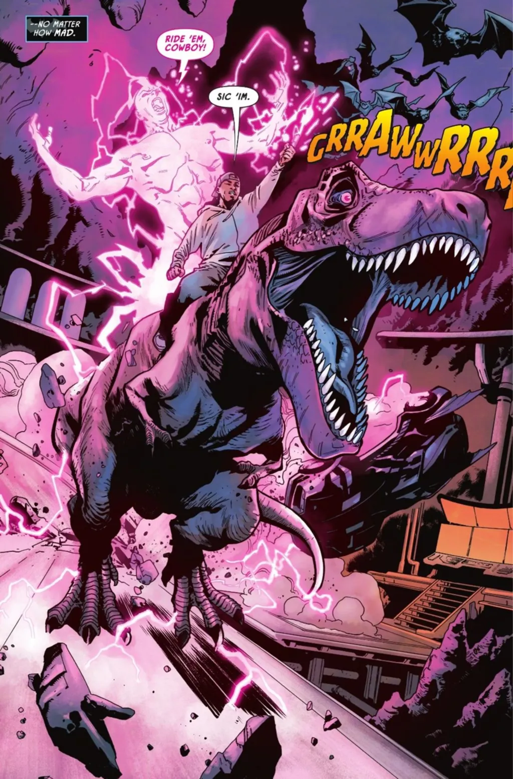 Jakeem Thunder usa o próprio T-Rex da Batcaverna contra o Batman (Imagem: Reprodução/DC Comics)