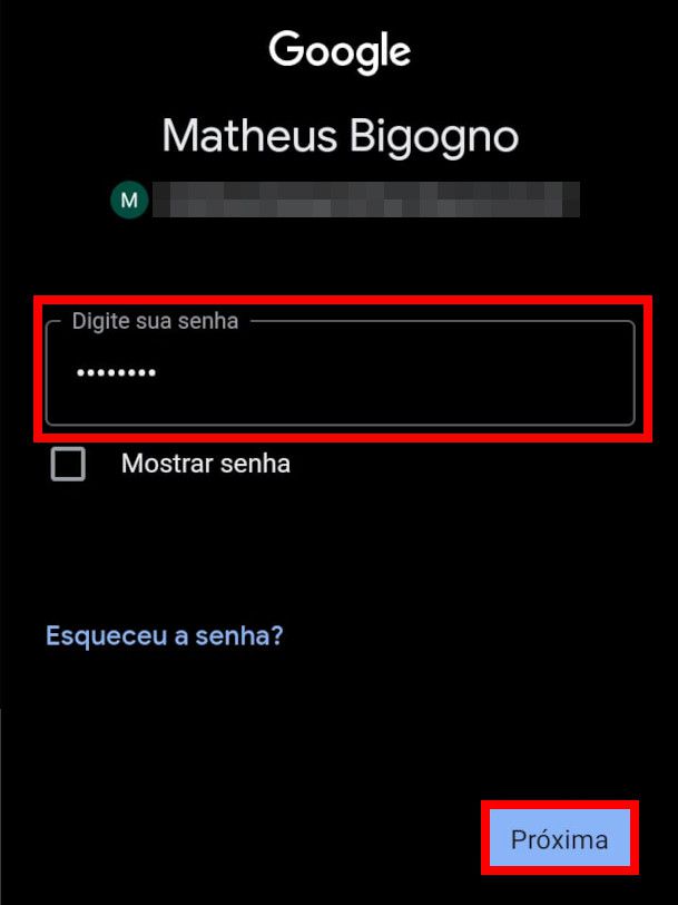 Insira a senha, toque em "Próxima" e concorde com os termos na aba seguinte (Captura de tela: Matheus Bigogno)