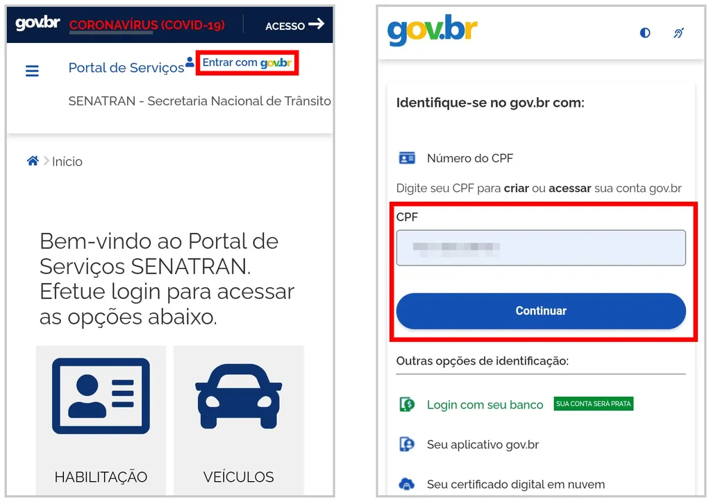 Acesse o Portal de Serviços do SENATRAN e acesse sua conta do Gov.br (Captura de tela: Matheus Bigogno)