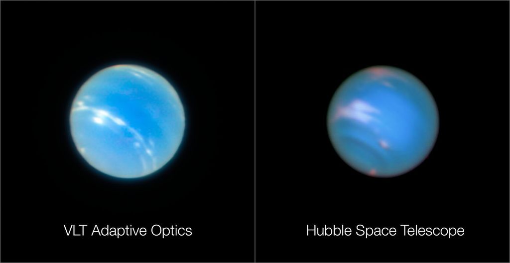 Comparação entre uma foto de Netuno tirada pelo Hubble (à direita) e pelo VLT atualizado (Foto: ESO)