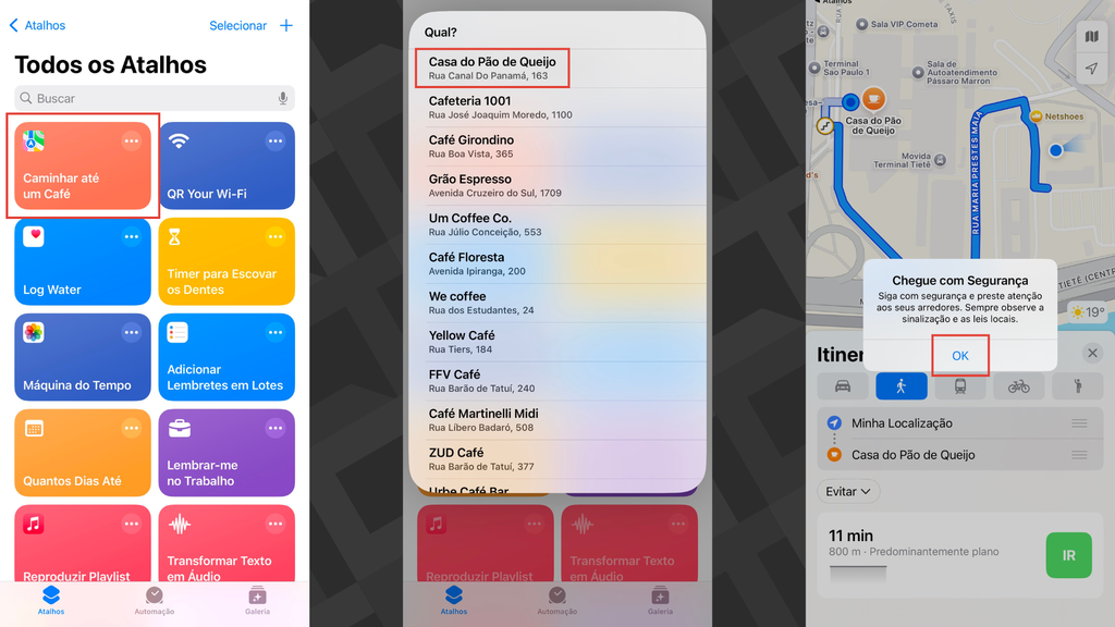 Passos para usar o atalho Caminhar até um Café no iPhone