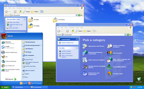 O Windows XP voltou com as cores e introduziu a alternância de usuários sem fechar programas (Imagem: Reprodução/Wikipédia)