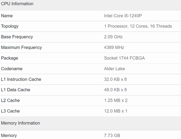 Intel Core i7 1240P Geekbench Vazamento