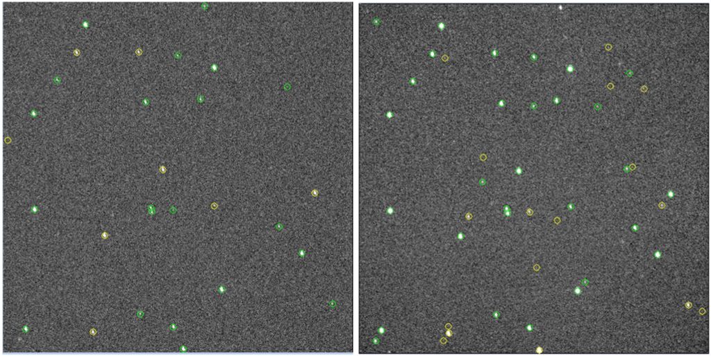 À esquerda, a imagem original e, à direita, a sobreposta onde os círculos verdes indicam um menor ruído das estrelas em comparação às marcadas pelos círculos amarelos (Imagem: Reprodução/Yigong Zhang et al.)