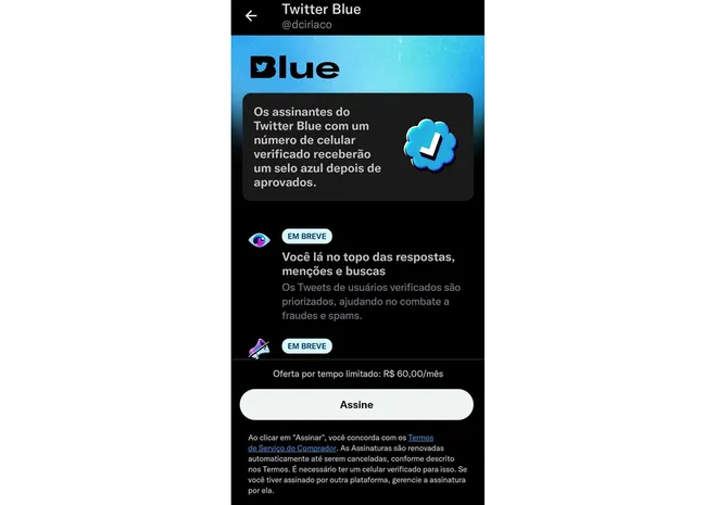 Twitter Blue chega ao Brasil custando até R$ 60 por mês (Imagem: Captura de tela/Douglas Ciriaco)