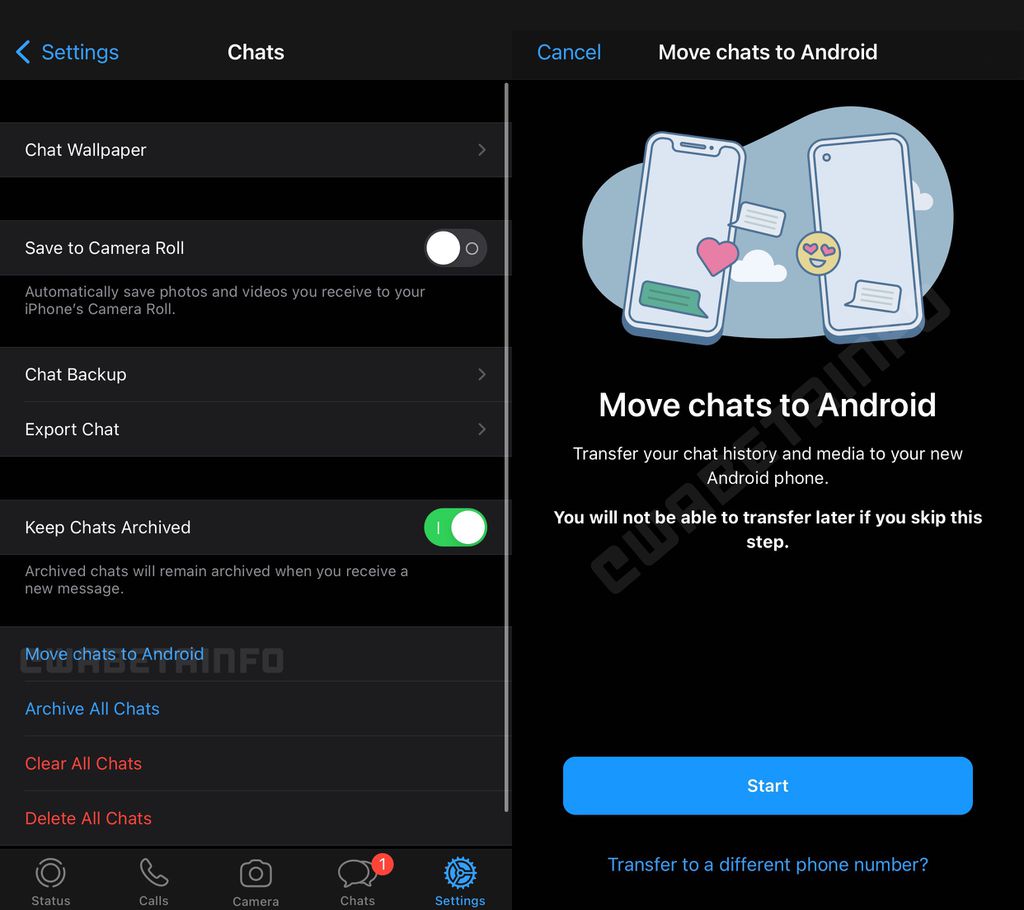 A opção "Move chats to Android" vai exigir o uso de um programa adicional (Imagem: Reprodução/WABetaInfo)