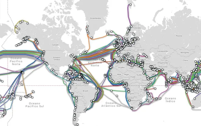 Site mostra mapa completo dos cabos, com recursos interativos (Imagem: Captura de tela/Submarine Cable Map)
