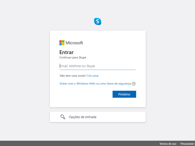 Use suas credenciais para acessar a conta do Skype (Imagem: André Magalhães/Captura de tela)