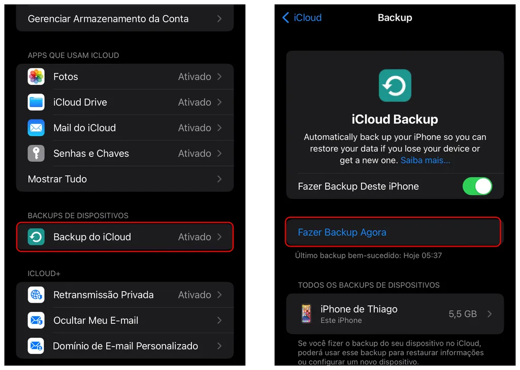 Ative o backup do iCloud para salvar seus dados pessoais (Captura de tela: Thiago Furquim/Canaltech)