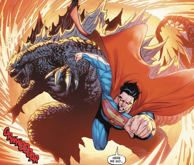 Embora o Superman não tenha se esforçado, Godzilla pode se gabar de ter vencido o herói (Imagem: Reprodução/DC Comics)