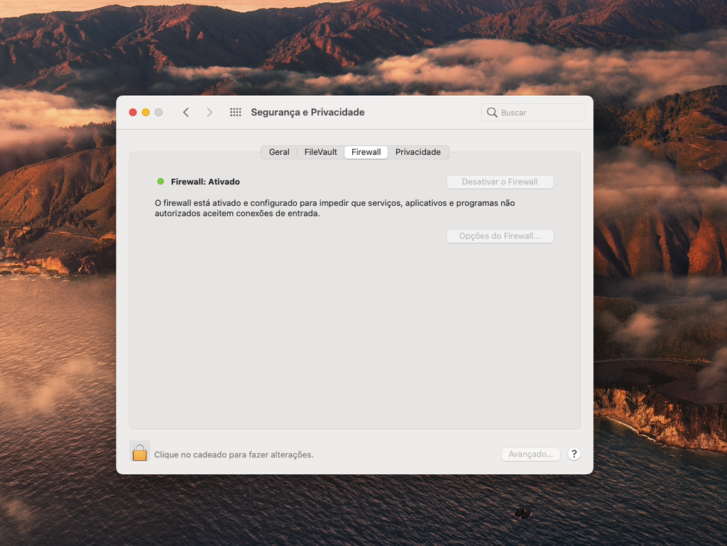 Nas preferências do Mac, ative o "Firewall" e o "FileVault" para aumentar a segurança das suas informações - Captura de tela: Thiago Furquim (Canaltech)