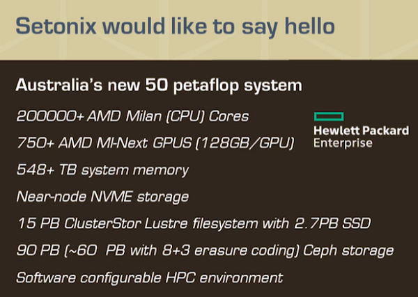 Além de 720 Instinct MI200, o Setonix traz mais de 200 mil núcleos de CPUs EPYC Milan e 548 TB de RAM (Imagem: Reprodução/WCCFTech)