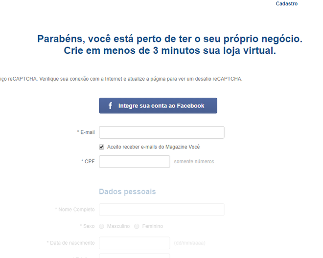 A integração com o Facebook permite criar sua conta no Parceiro Magalu de maneira mais simples (Captura de tela: Ariane Velasco)