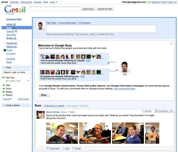O Buzz era uma espécie de Twitter dentro do Gmail (Imagem: Reprodução/Google)