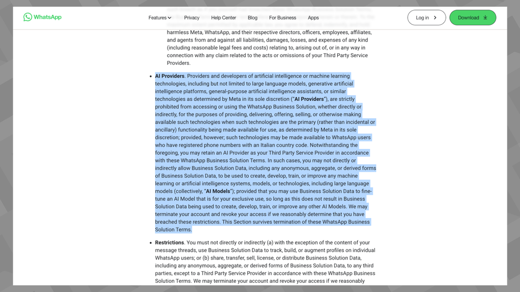 Termos do WhatsApp ainda não mencionam a restrição ao Brasil, apenas à Itália (Imagem: Captura de tela/Bruno De Blasi/Canaltech)
