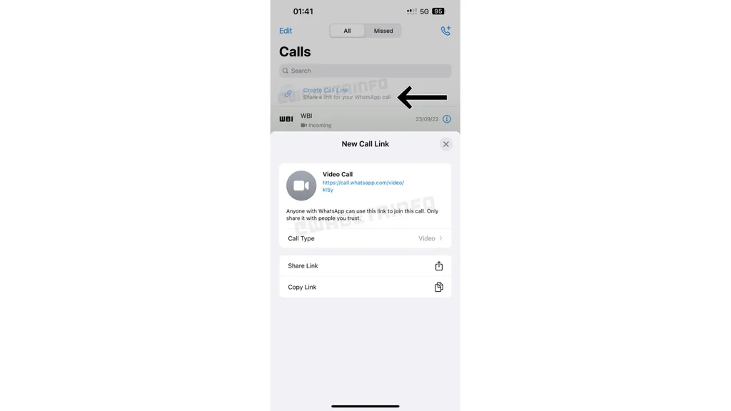 O link para chamadas está disponível em testes no WhatsApp Beta para iOS (Imagem: Reprodução/WABetaInfo)
