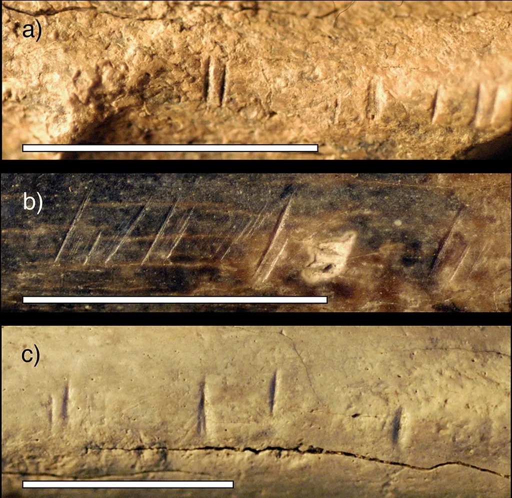Três ossos fossilizados de fauna encontrada também em Koobi Fora, no Quênia, para meios de comparação com o osso de hominínio com marcas de corte — são bastante similares (Imagem: Jennifer Clark/Scientific Reports)