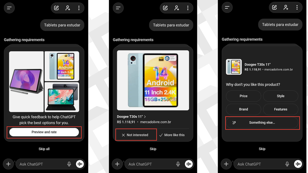Pesquisas de compras no ChaGPT