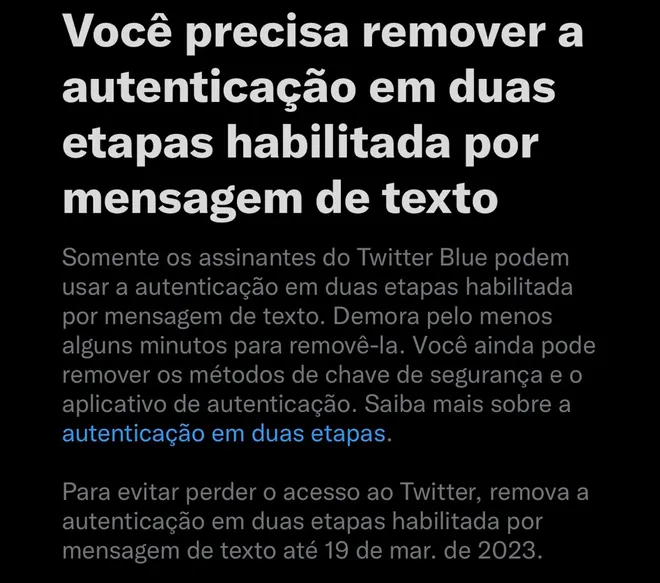 Um erro de tradução no comunicado em português brasileiro sugere ao usuário que todos os métodos de autenticação de dois fatores serão exclusivos do Twitter Blue (Imagem: Reprodução/Twitter)