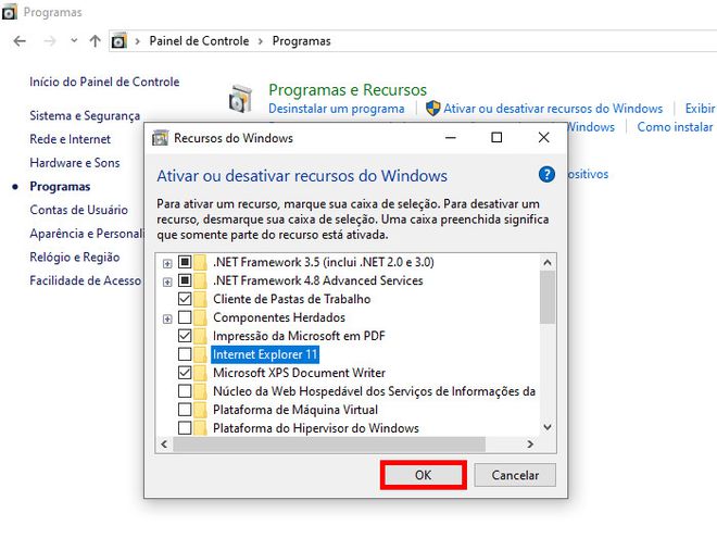 Clique em "Ok" para para desinstalar o Internet Explorer e reinicie o seu PC (Captura de tela: Matheus Bigogno)