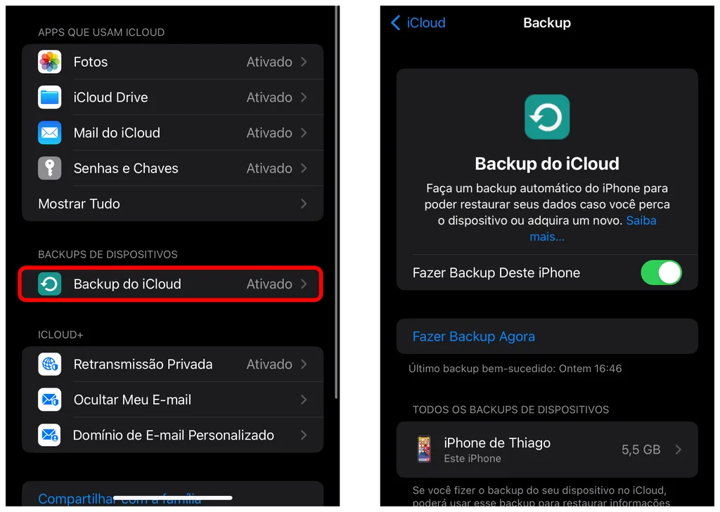Veja o backup do iCloud armazenada no serviço de nuvem da Apple (Captura de tela: Thiago Furquim/Canaltech)