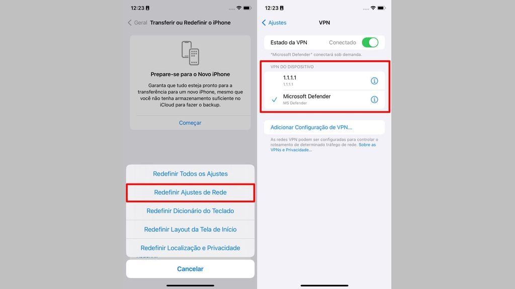 Restablecer la configuración de red o eliminar perfiles de VPN en Configuración puede solucionar problemas de conexión de red celular en iPhone (Imagen: Captura de pantalla/Felipe Demartini/Canaltech)