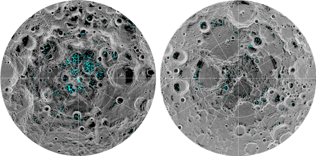 Distribuição do gelo na superfície do polo sul e norte da Lua na esquerda e direita, respectivamente (Imagem: Reproduçãoi/NASA)