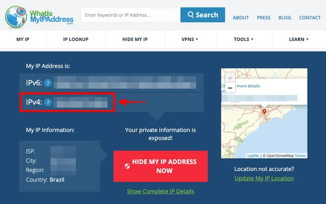 Site "What is my IP Address" permite descobrir seu endereço de IP externo (Captura de tela: Caio Carvalho)